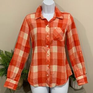 LUCKY BRAND Orange Plaid Gauze Button-up Shirt XS